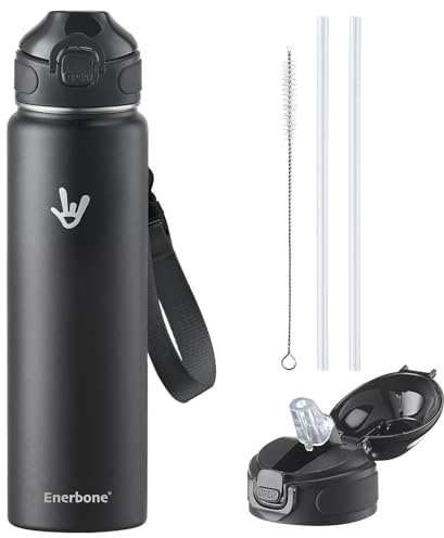 Enerbone 32 oz Insulated Water Bottle, Stainless Steel Bottle with Carrying Strap, Double-Wall Vacuum Insulation Design, Leakproof Sports Bottle with Straw, Keep Drinks Cold or Hot for Hours