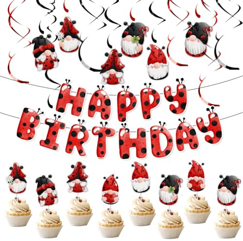 Red Black Gnome Ladybug Birthday Party Decoration,Elf Dwarf Garden Theme Happy Birthday Banner Hanging Swirl Cake Cupcake Topper Photo Booth Props Decoration for Kid Baby Shower Party Supplies