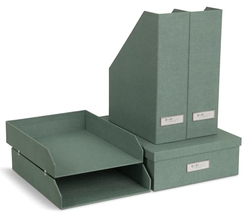 BIGSO HOLGER 5-teiliges Schreibtisch Set – Ordnungssystem mit 2 Stehsammlern, 2 Briefablagen und einer Box – Organizer aus Faserplatte und Papier in Leinenoptik – mintgrün