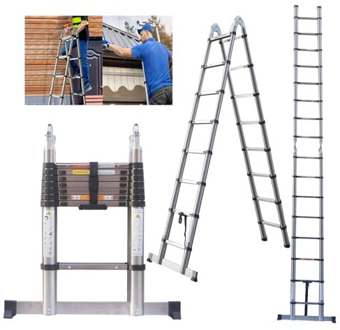 HSHa 5M Multi-Purpose Folding Telescopic Ladder 2.5m+2.5m Extension Ladder A-Frame 2-in-1 Portable Loft Ladders Stainless Steel with Stabilizer, 150kg Max Load for Indoor Outdoor
