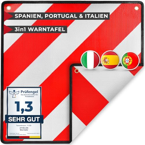 ATHELON® 3in1 Warntafel für Italien, Spanien & Portugal - Hochwertige Warntafel Italien für Fahrradträger & Wohnmobil - Reflektierendes Warnschild (Nur Warntafel)