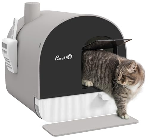 PawHut Katzentoilette mit Deckel für Kleine Katzen 43 x 44 x 47 cm Grau | Katzenklo, Cat Litter Box, mit Schaufel, Streu-Matte, Ausziehbares Tablett, Geruchskontrolle, Einfache Reinigung