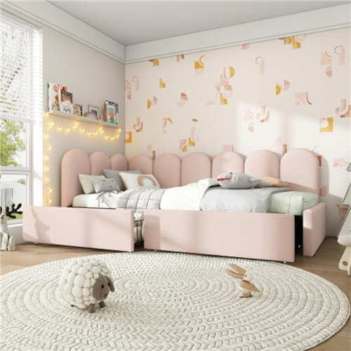 Gepolstertes Einzel-tagesbett Mit Schubladen, Umwandelbares Schlafsofa, 90 X 190/200 cm, Rosa, L-förmiger Rahmen, Ideal Für Kleine Räume Und Gästezimmer(Size:90 * 200cm)