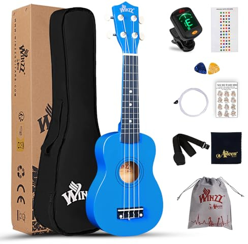 Winzz Sopran Ukulele Starter Kit für Anfänger mit Tasche, Clip-On Tuner, Zusätzlichen Saiten, Gurt, Plektron, Griffbrettaufkleber, Akkord-Karte, Poliertuch Dunkelblau