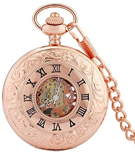 MRKU Taschenuhr, roségold/Silber, mechanische Taschenuhr, hohles Skelett, Zifferblatt mit römischen Ziffern, analoges Skelettgehäuse, Handaufzug-Kettenuhr