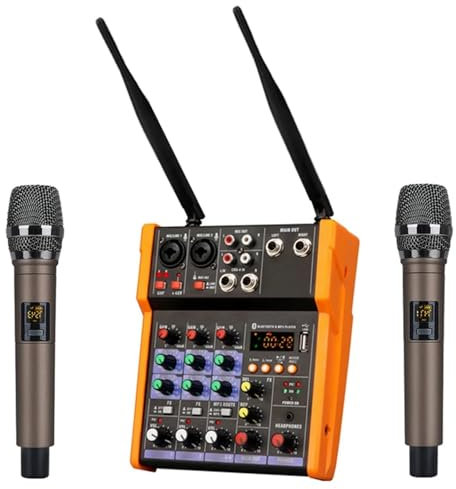 Mesa de Mezclas, Woopker Consola mezcladora de Audio de 4 Canales con micrófono inalámbrico Mezclador de Sonido Entrada USB Mezclador de DJ(Orange Set)