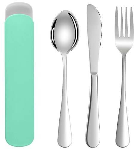 Stainless Steel Travel Cutlery Set for 1 with Case - Green for Outdoor Picnics, Office, School, and Lunch Boxes