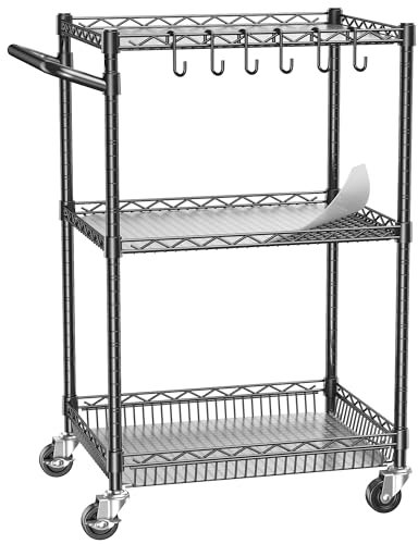 3 Tier Rolling Carts with Wheels,Heavy Duty Storage Utility Cart Metal, Commercial Grade Microwave Cart with Handle Bar&Shelf Liner,Trolley Cart for Kitchen Serving Laundry Garage,Black