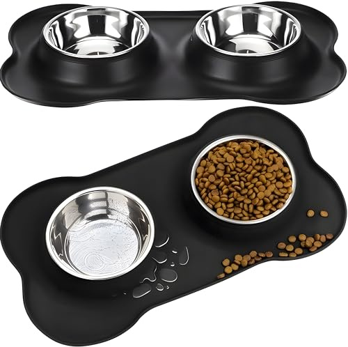 Retoo Ciotola doppia con ciotola in silicone, ciotola per cani, in acciaio inox, 400 ml, antiscivolo, in silicone, ciotola per gatti, ciotola per acqua, colore nero