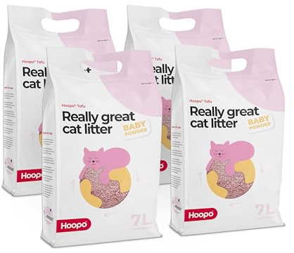 Hoopo® Tofu Fine Babypuder-Katzenstreu | Bio-Katzenstreu | völlig staubfrei | klumpend | ohne Geruch | wirksam gegen unangenehme Gerüche (28L, Babypoeder)