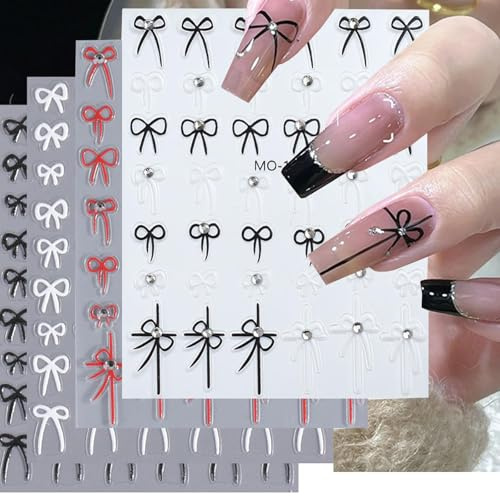 TELAIN 4 Stk. Französische Bow-Nageldesign-Sticker, 3D Schwarz-Weiß-Rot, Elegante Bow-Line Rhinestone, Selbstklebend, mit Bow-Tie-Nageldesign-Sticker, Nageldesign-Zubehör