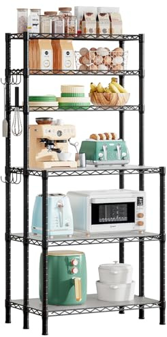 Uptyia Scaffale da cucina in metallo a 6 livelli con ripiani regolabili e ganci, scaffale da forno con tavolo da lavoro e ripiano per forno a microonde, organizer da cucina, 70 x 40 x 150 cm