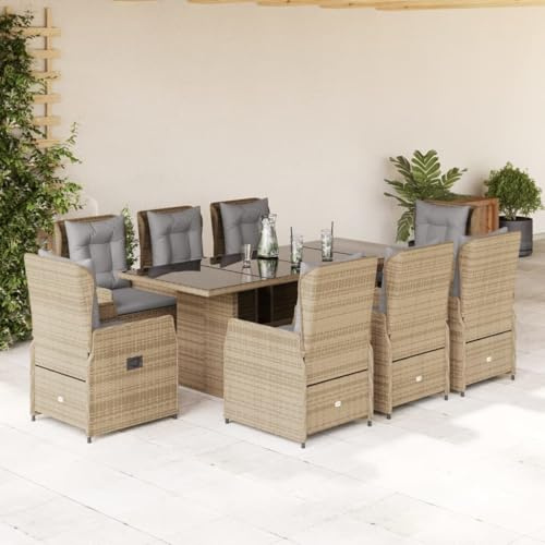 IKAYAA Gartenmöbel Set 8 Verstellbare Hochlehner Stühlen mit Tisch Garten sitzgruppe 8 Personen Gartenmöbel Set Rattan 8 Personen Rattan sitzgruppe-Beige und Grau-9-tlg