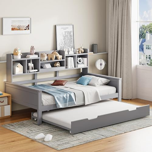 Rosebibi Ausziehbares Schlafsofa 90x200cm, Massivholz, Ausziehbett 90x190cm, mit Staufach und Lattenrost, Kiefer Multifunktionsbett, Einzelbett (Grau)
