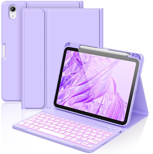aMZCaSE para iPad A16 10/11th Generation Funda con Teclado 11/10.9 Inch(2025/2022),Funda con Retroiluminado de 7 Colores con Teclado Inalámbrico Desmontable con Soporte para Bolígrafo (Morado Claro) | Funda con Retroiluminado de 7 Colores con Teclado Inalámbrico Desmontable con Soporte para Bolígrafo