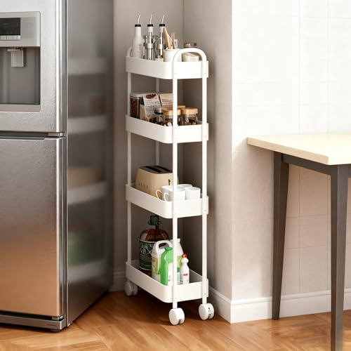 Koolkasa Küchenwagen mit Rollen Schmal, 4 Ebenen Rollwagen für Kleine Räume, Metall Nischenwagen mit 360°-Gummiräder mit Bremse für Wohnzimmer Badezimmer Küche Büro (Weiß)