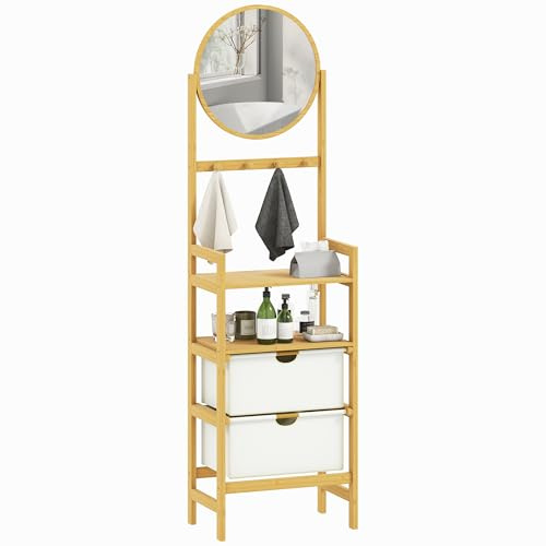 HOMCOM Estantería de Baño de Bambú con Espejo Estantería de Almacenaje con 4 Ganchos 2 Estantes Abiertos y 2 Cajones de Tela para Cocina Baño Salón 48,5x30x170 cm Natural