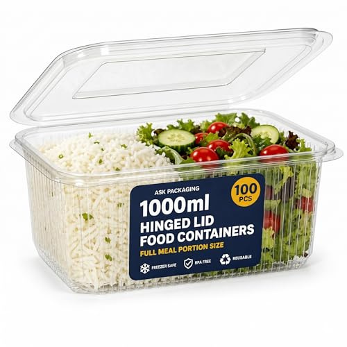 Ask Packaging 100 x 1000ml Clear Food Containers with Lids Reusable – Hinged Lid Takeaway Containers, Re-usable, BPA-Free, Freezer Safe, Stackable – Full Meals, Catering & Deli Portions