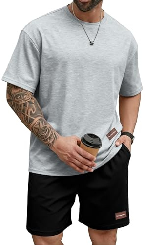 Remxi Herren Kurzarm Trainingsanzug 2 Teiler Set Casual T-Shirt Kurze Hose mit Taschen Sommer Jogginganzug für Männer Tracksuit