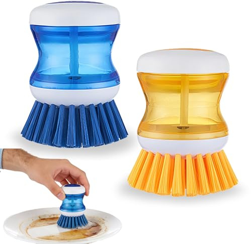 Soap Dispensing Palm Brush, 2 in 1 Washing up Brush with Liquid Dispenser | Multifunctional Pressing Cleaning Brush for Dishes Pot Pan Sink Cleaning, 6.5×8cm, Bule, Orange