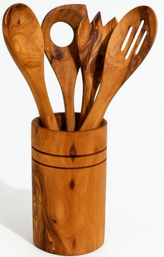 Lot de 4 ustensiles de cuisine en bois d'olivier naturel avec pot, réalisé artisanalement dans un petit atelier familial.