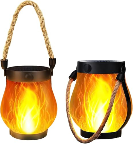 Flammeneffekt Solarlampen für Außen Hängend, LED Solarlaterne, 2-in-1 Solar Lampions Außen Wetterfest USB Aufladbar, Solarlampe Garten IP44 Wasserdicht, Solar Laternen für Outdoor Camping Balkon (*2)