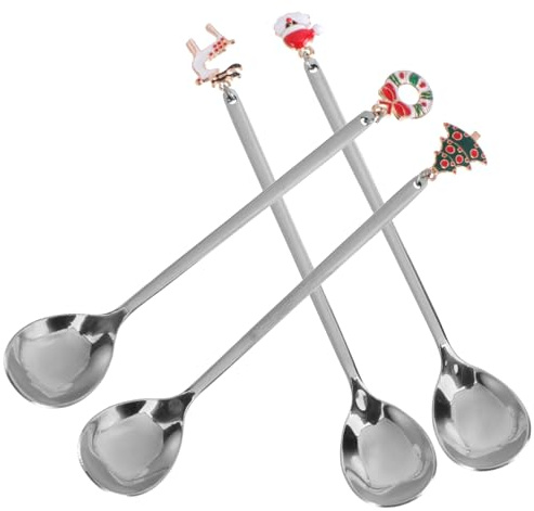 ROMISBABA Set 4 Cucchiaini da Caffè e Minestra in Acciaio Inox Antiruggine, Design Natalizio Manico, Utensili da Cucina Creativi per Uso Quotidiano e Regali di Natale