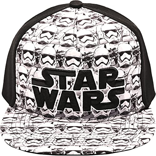 Disney Herren Star Wars Embroidered Logo and Stormtrooper All Over Adjustable Snapback Baseball Hat with Flat Brim Baseballmütze mit Flacher Krempe, verstellbar, Einheitsgröße, Schwarz/Weiß