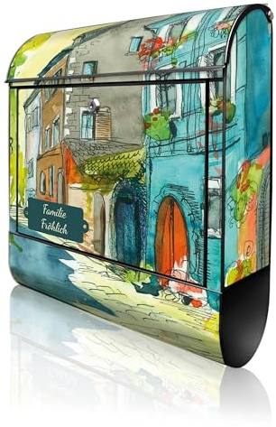 banjado Design Briefkasten personalisiert 38,5x46,5x13cm & 2 Schlüssel - Briefkasten Stahl Schwarz Zeitungsfach pulverbeschichtet - Postkasten A4 Einwurf inkl. Montagematerial - Motiv Historischer Sta