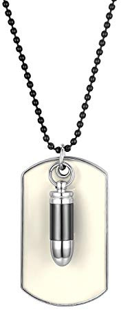 Flongo Herrenkette Männer Anhänger, Legierung Halskette Silber Schwarz Patrone Geschoß Gewehrkugel Kugel Erkennungsmarke Dog Tag Armee Stil Poliert Stammes 27.5 Zoll Kette Herren Accessoires