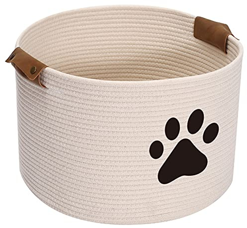 Xbopetda Round Cotton Rope Basket Pets Toy Storage Bin - Storage Chest for Dog Toys Laundry Basket Living Room Organizer Dog Stuff Box Storage （Beige）