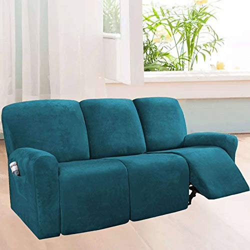 HKPLDE Samt Sesselbezug Für Recliner Sofa Schonbezüge Sesselschoner 8-Stücke,zum 3 Kissen Sofa Schonbezüge,Customized Style Dick Weich Waschbar-Tiefes Wasser blau
