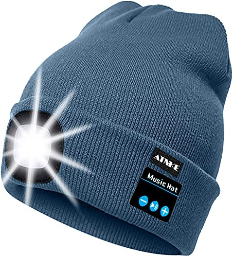 ATNKE Berretto Bluetooth con LED Illuminato, USB Ricaricabile Wireless Musicale Cappello da Corsa Ultra Bright 4 LED Impermeabile Lampada Uso per Sci Escursionismo Campeggio Ciclismo (Ombra Blu)