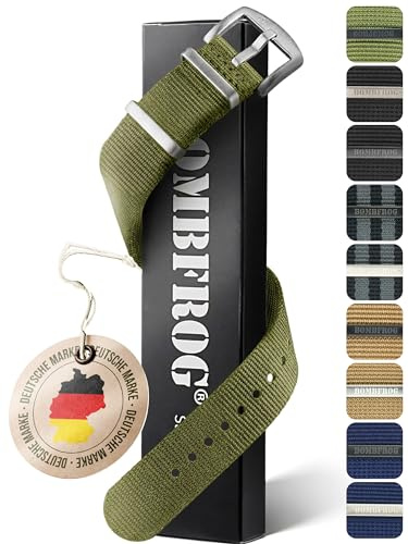 BOMBFROG NATO Strap Nylon Uhrenarmband 18mm 20mm 22mm 24mm Natoband Armband | Premium Natoband, franst nicht aus, verstellbar, Militär, Schließe schwarz/silber, Khaki/Navy/Oliv/Schwarz/Schwarz-Grau