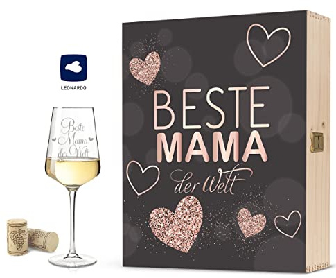 Leonardo Weißweinglas mit Gravur inkl. bedruckter Holzkiste - Beste Mama der Welt - Geschenk für Mütter zum Muttertag - Weißweinglas Rotweinglas als Geburtstagsgeschenk für Mama im Geschenkset