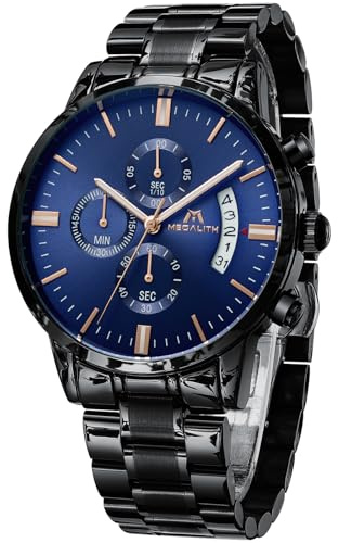 MEGALITH Herrenuhr Schwarz Edelstahl Militär: Chronographen Herren Armbanduhr Wasserdicht Leuchtende Datum - Uhren fur Männer Blau Ziffernblatt Mode Casual