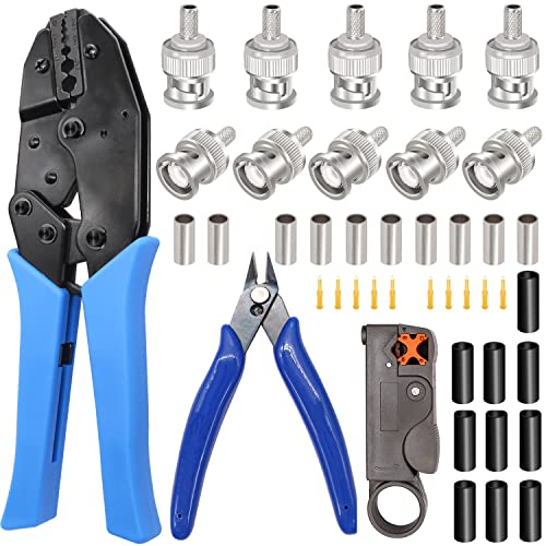 Taiss Herramienta de crimpado BNC con 10 conectores BNC, herramienta de crimpado coaxial BNC, cortador pelacables, cortador de cables de alambre y tubo termorretráctil para RG58/RG59/RG62/RG174