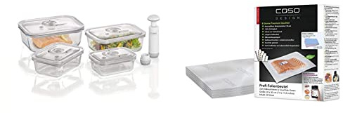 CASO VacuBoxx E-Set - 4 extrem stabile eckige Vakuumbehälter & Profi- Folienbeutel 20x30 cm / 50 Beutel,für alle Vakuumierer,BPA-frei,sehr stark und reißfest ca. 150µm, aromadicht, kochfest, Sous Vide