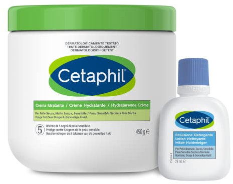 Cetaphil Crema Idratante Viso e Corpo, Senza Profumo, Formato 450g + Emulsione Detergente Viso e Corpo, Senza Profumo, Formato Viaggio 29 ml