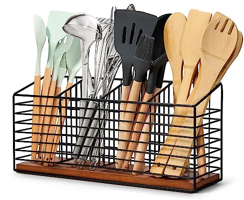 THYGIFTREE Utensil Holder for Kitchen Counter, Black Metal Cooking Utensil Organizer with Wooden Base, Farmhouse Utensil Crocks for Countertop