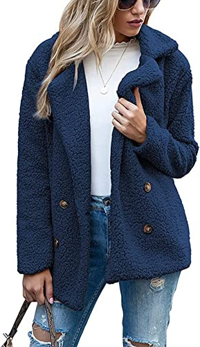 BININBOX Chaqueta polar para mujer Chaqueta de invierno de Sherpa Abrigo de lana con solapa chaqueta de felpa suelto talla grande (M, Azul)