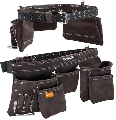 Eshazu Professional Leather Tool Belt - Carpenter Tools Belt - Tool Belt for Carpenters with 12 Pockets, Hammer Loop - Suitable for Electricians - Accommodates Waist up to 52”
