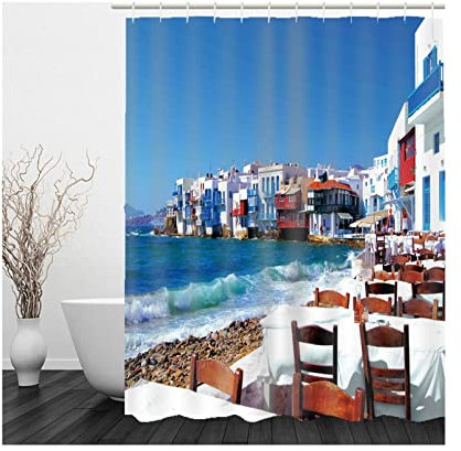 Whoiy Duschvorhang Polyester, Duschrollo Um Die Ecke 165X180cm Duschvorhänge Haus Am Meer Blau Weiß Braun Waschbar Wasserdicht