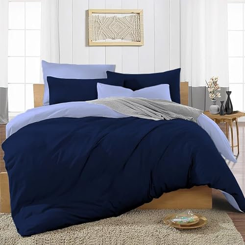 Ev Dekor® Duvet Cover Set Single Dark Blue Light Blue - Soft Microfibre Polyester Plain Dyed Reversible Double Duvet Set with Pillow cases - Bedding Quilt Covers Bedsheets