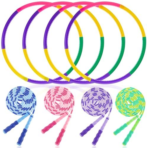Silipull 8 Pcs Toy Hoop and Jump Rope Set for Kids Include 4 Skipping Rope and 4 Detachable Weight Size Hoop Gymnastic Fitness Exercise Gift Equipment(Bamboo Style,Bright Color,26.38'')