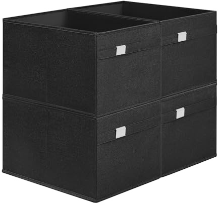 SONGMICS Aufbewahrungsbox, 4er Set, Ordnungsboxen, 40 x 30 x 25 cm, 2 Griffe, faltbar, Oxford-Gewebe, Leinenimitat, pflegeleicht, Metall-Etikettenhalter, für Regal, tintenschwarz ROB240B04
