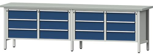 ANKE | Werkbank Breite 2800 mm | Gestellbauweise | 12 Schubladen | 180 mm mit Teilauszug | Stahlblechbelagplatte