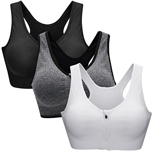ZOEREA Women's Sports Bra Comfy Yoga Bra with Removable Pads Zip Front Fitness Running Dancing Gym Push Up Bras for Women Black Gray and White, M