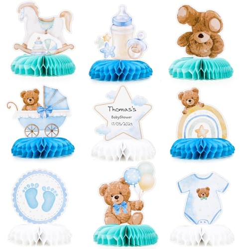 GEBETTER Decoración Baby Shower Niño, 9Pcs Centros Mesa Decoracion Bautizo Niño, Osito Biberón Ropa Bebé Caballo Madera, Fiesta Cumpleaños Nacimiento, Cartulina Papel Panal Nido Abeja 3D (Azul)