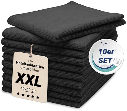 ZOLLNER Juego de 10 paños de Microfibra para un Brillo sin Rayas - paños de Limpieza sin Pelusa y Muy absorbentes - Lavables hasta 60 °C - 40 x 40 cm en Color Negro - Calidad de Hotel